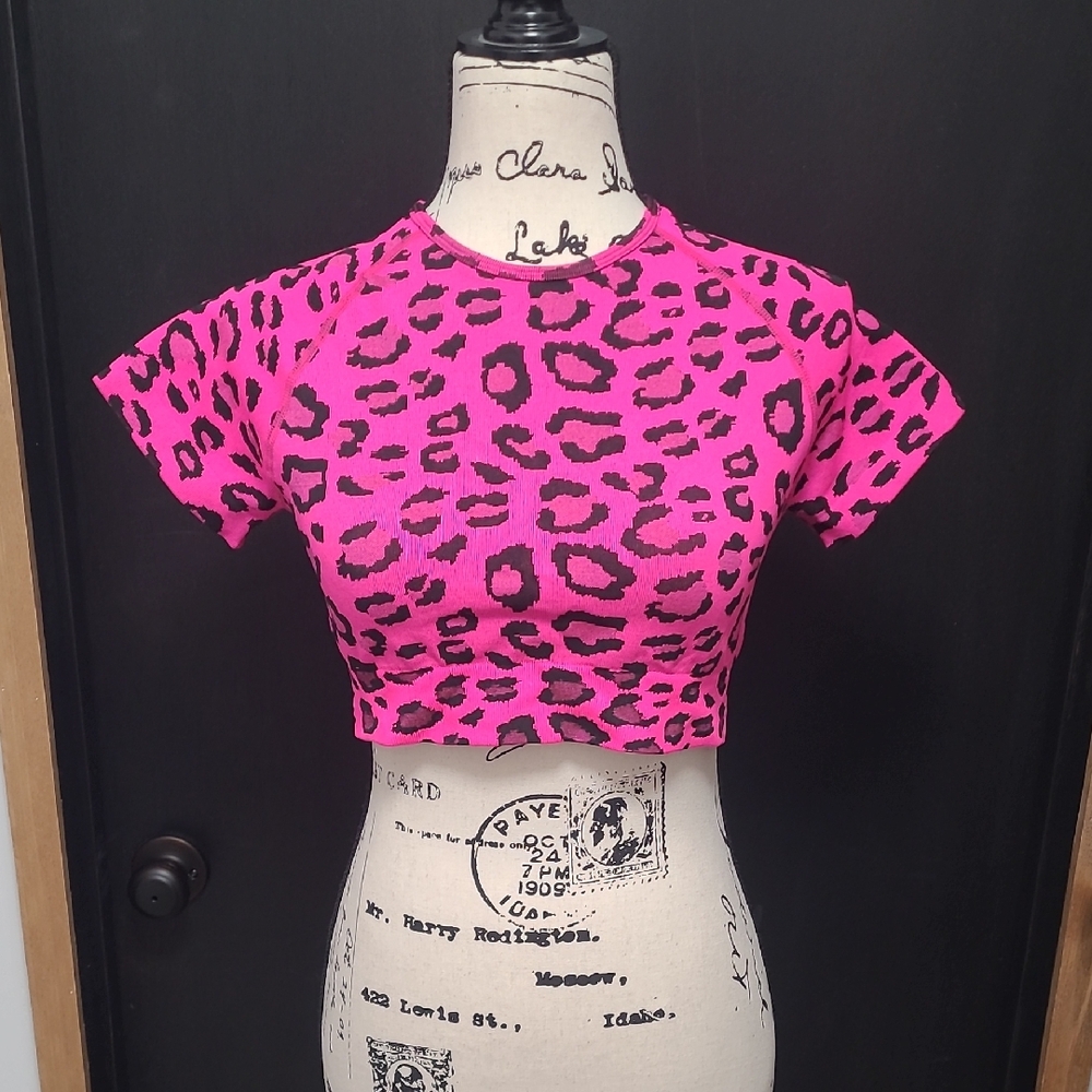 Pink Leopard Print Compression Style Crop Top